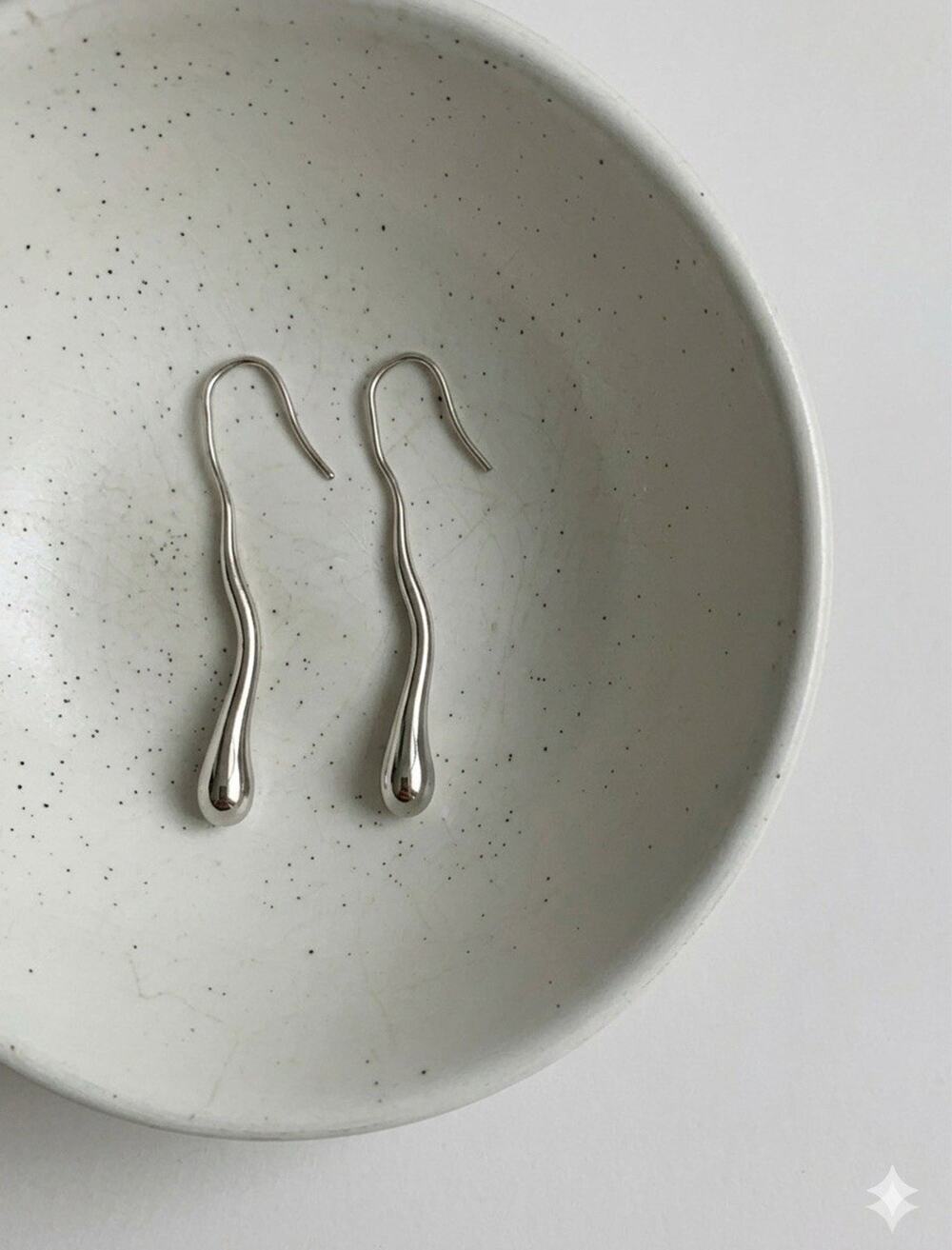 Molten Silver Fluid Drop Earrings Minimalist Boho Liquid Metal Retro Threader